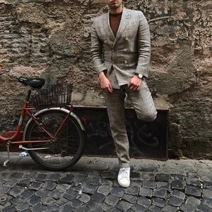 Massimo Dutti Brown Plaid Double-Breasted 100% Linen Suit